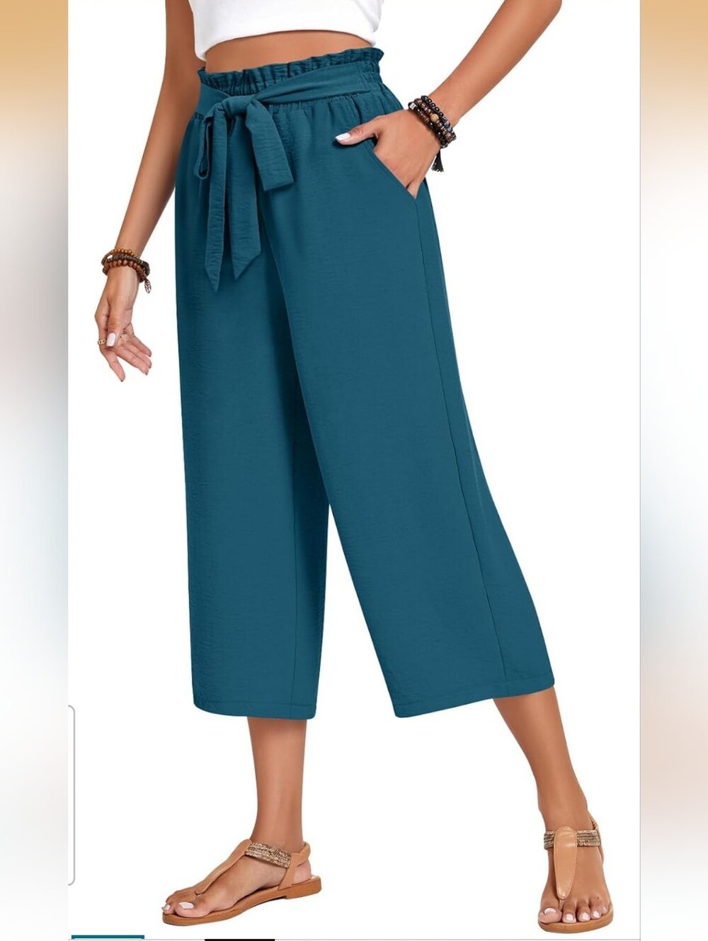 Teal Wide-Leg Tie-Waist Crop Pants
